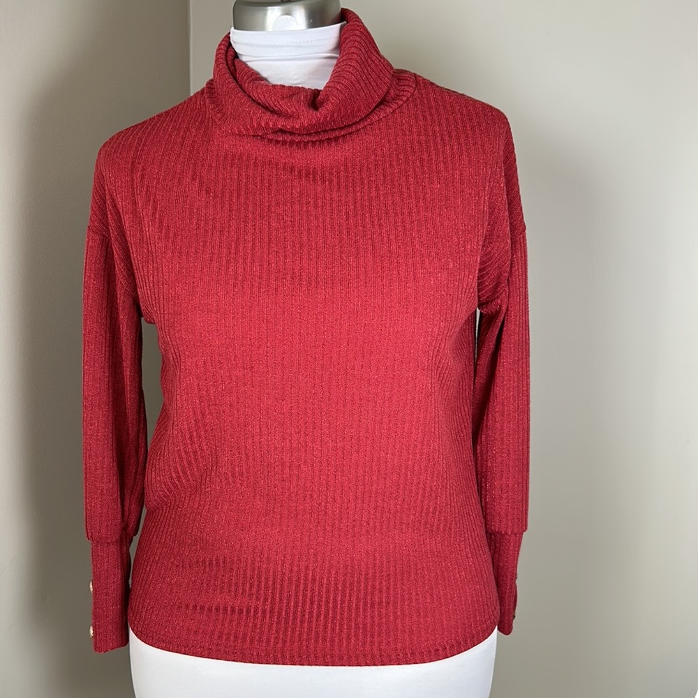 Red Ribbed Turtleneck Sweater Gold Button Sleeves Medium